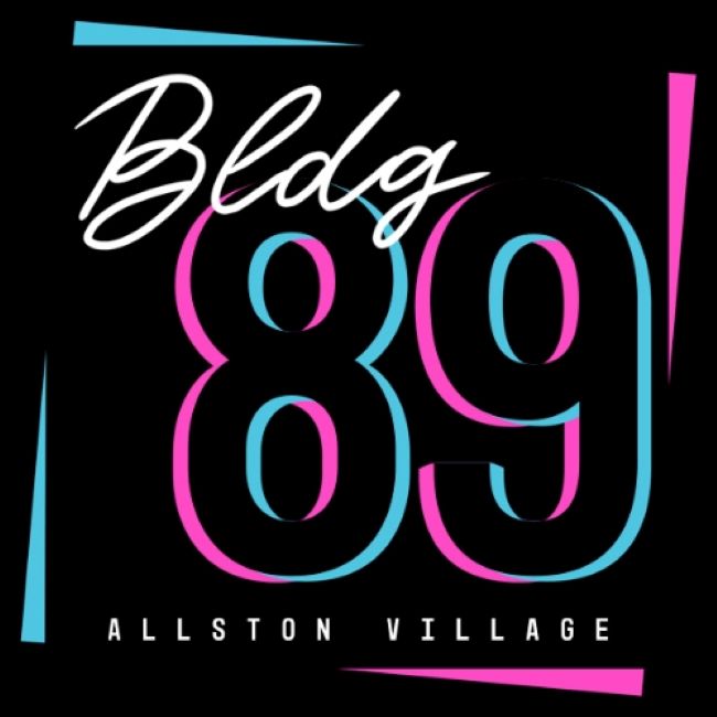 A black background with the text "Bldg 89 Allston Village" in stylized pink and blue font.